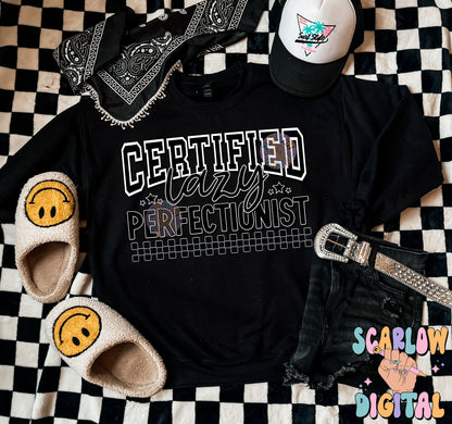 Certified Lazy Perfectionist PNG Digital Design Download, retro png, funny png, adult humor png, sarcasm png, checkers png, grunge png