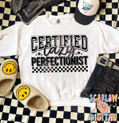 Certified Lazy Perfectionist PNG Digital Design Download, retro png, funny png, adult humor png, sarcasm png, checkers png, grunge png