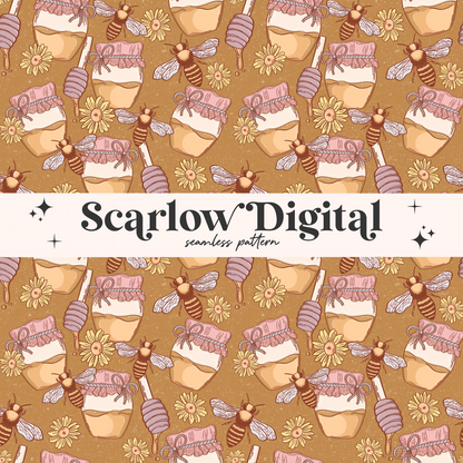 Honey Seamless Pattern-Bee Sublimation Digital Design Download-boho surface pattern, honey bee seamless pattern, trendy seamless patterns