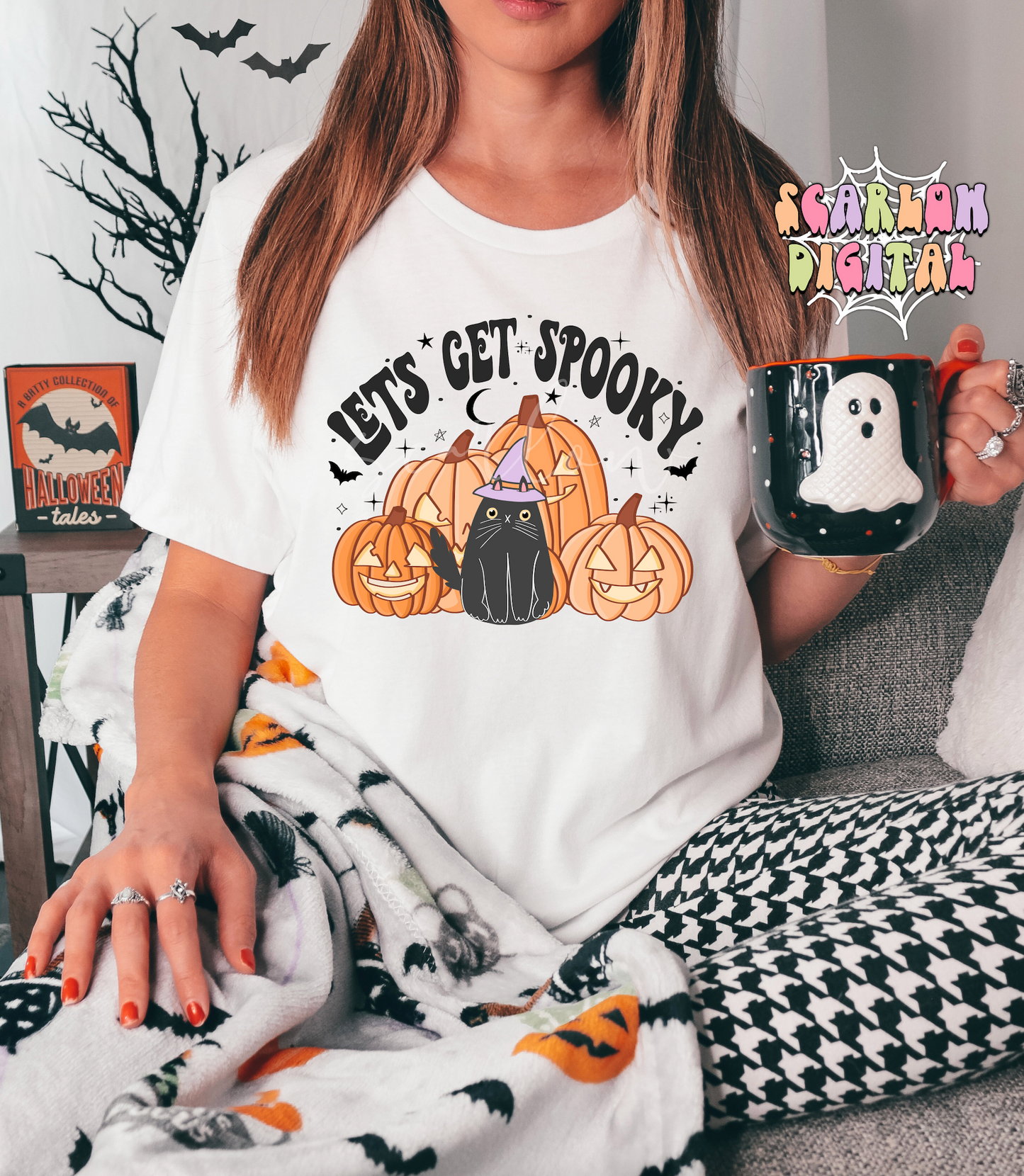 Let's Get Spooky PNG-Halloween Sublimation Digital Design Download-black cat png, witch hat png, pumpkin png, jack o lantern png, witchy png