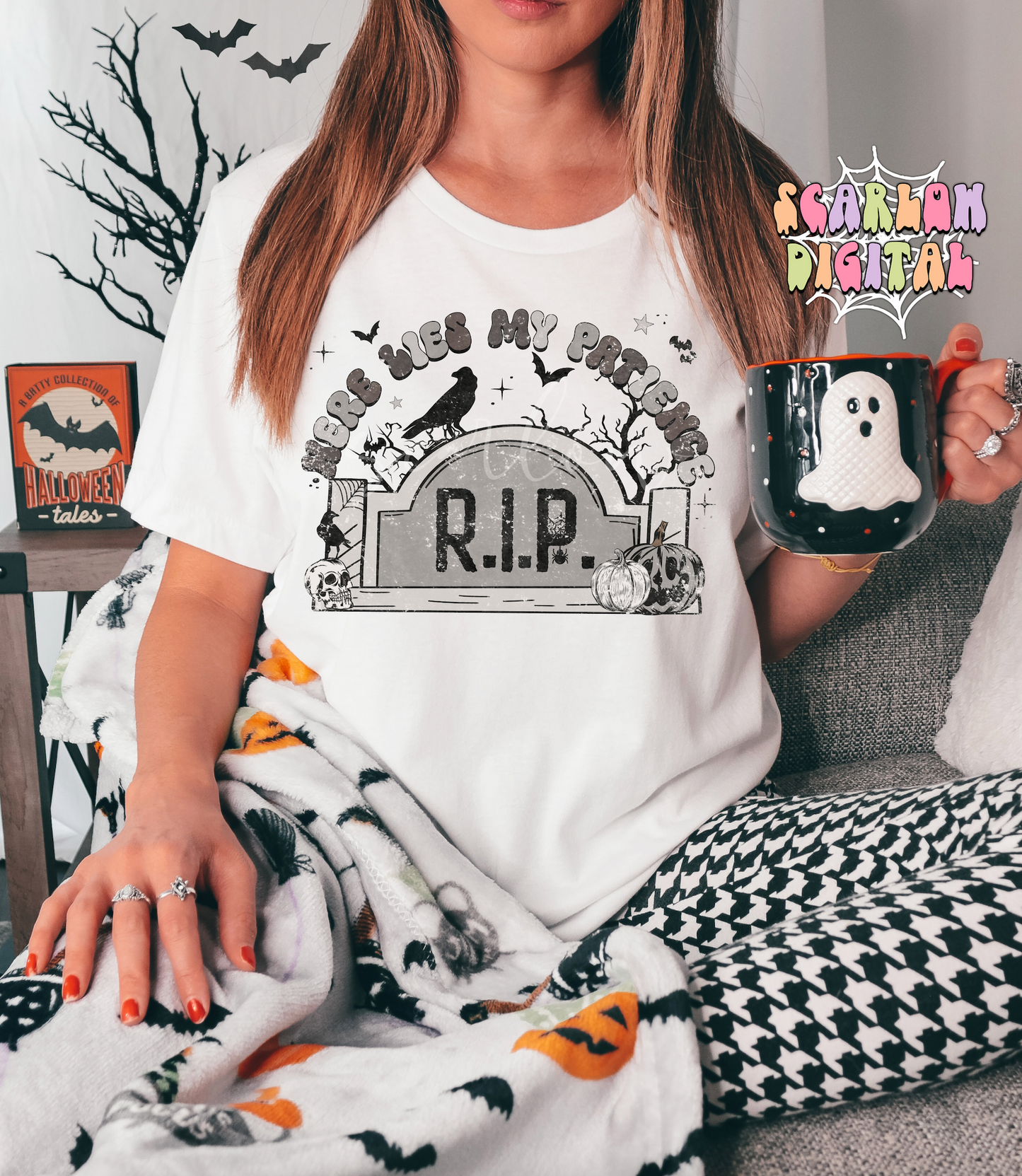 Here Lies My Patience PNG-Halloween Sublimation Digital Design Download-spooky mama png, RIP png, crow png, skull png, black and grey png