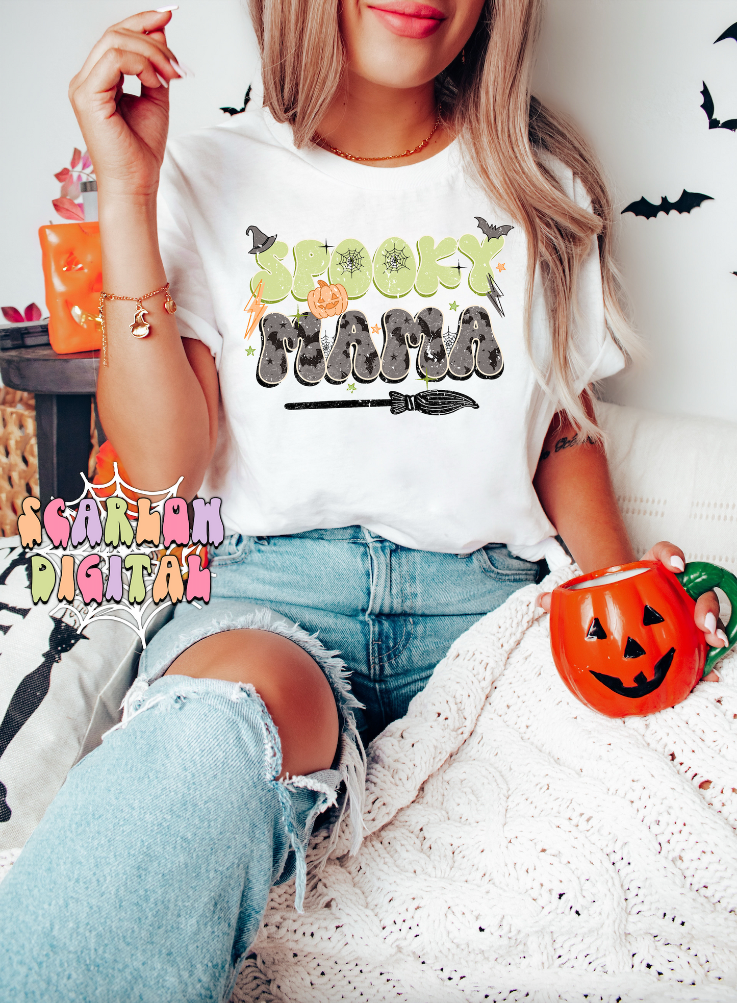 Spooky Mama PNG-Halloween Sublimation Digital Design Download-bats png, spooky season png, mom and me png, png for mom, pumpkins png design