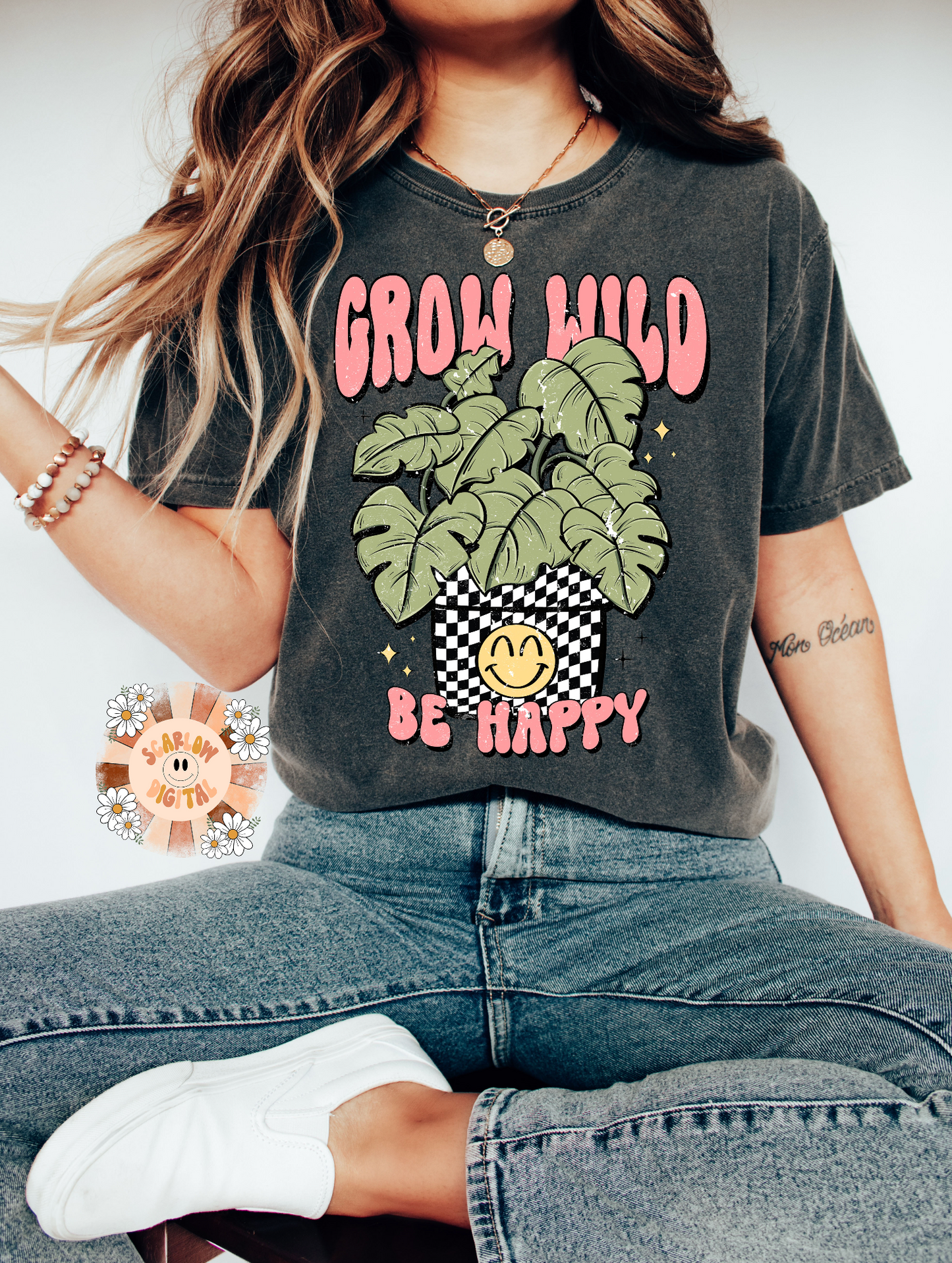 Grow Wild Be Happy PNG-Plants Sublimation Digital Design Download-monstera png, plant mom png, plant lover png, retro png, preppy png, trend