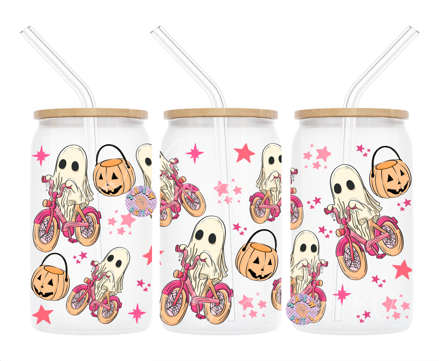 Ghost Bicycle Glass Can Wrap PNG-Halloween 16 oz. Can Glass Sublimation Digital Design Download-spooky can glass png, fall cup wraps png