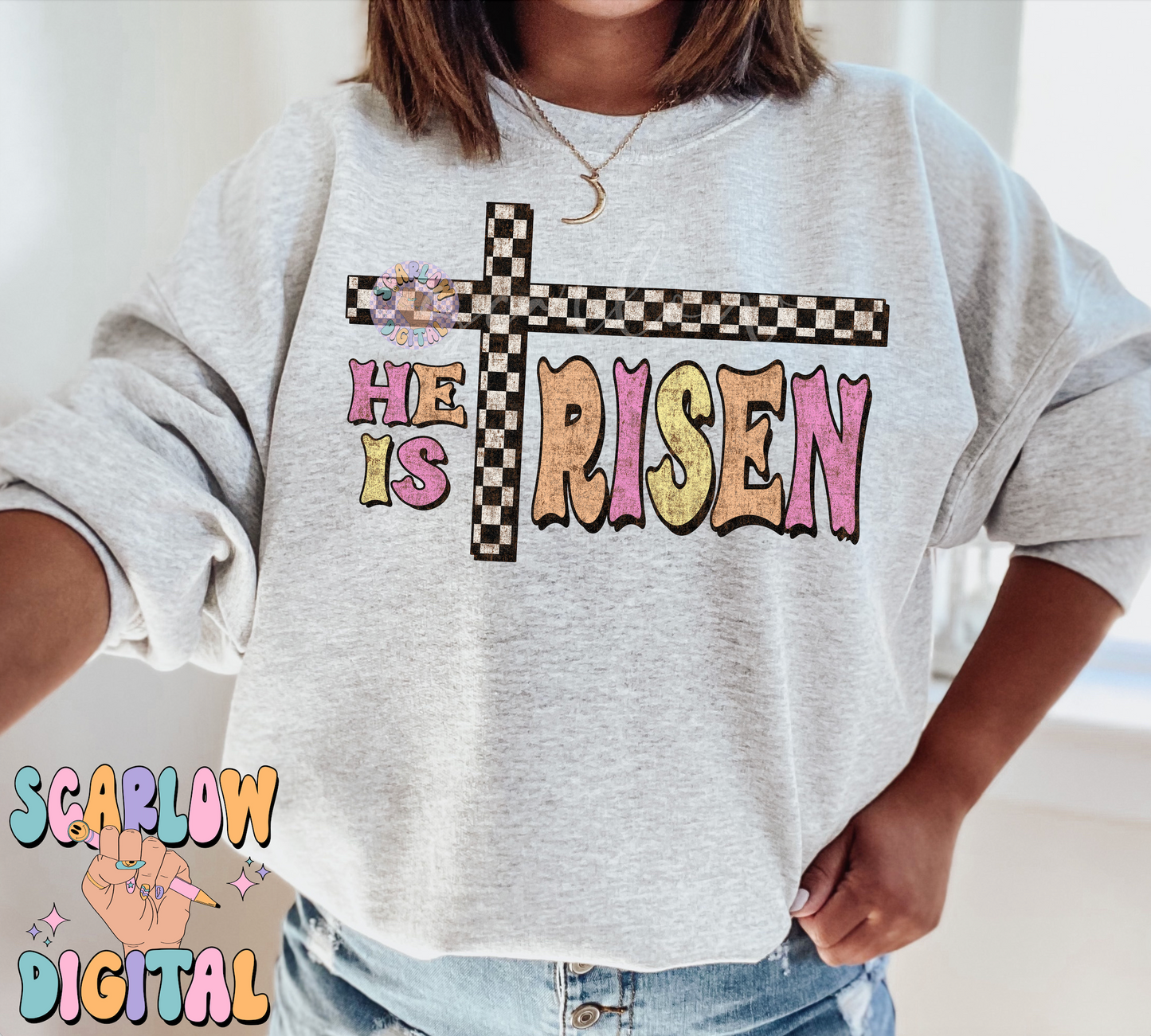 He is Risen PNG-Easter Sublimation Digital Design Download-retro easter png, girl designs, girl easter png, checkered easter png, girl png