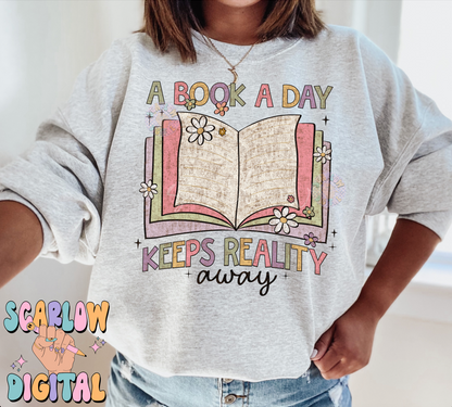 A Book a Day Keeps Reality Away PNG Sublimation Digital Design Download, smut png, reading png, books png, tbr png, funny book png designs