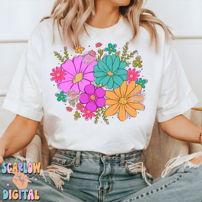 Floral Bouquet PNG Sublimation Digital Design Download, flowers png, bright flowers png, colorful png, retro png, simple png, no words png