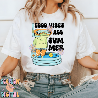 Good Vibes All Summer PNG-Funny Sublimation Digital Design Download-frog png, swim png, pool png, kids png, boy summer png, summertime png