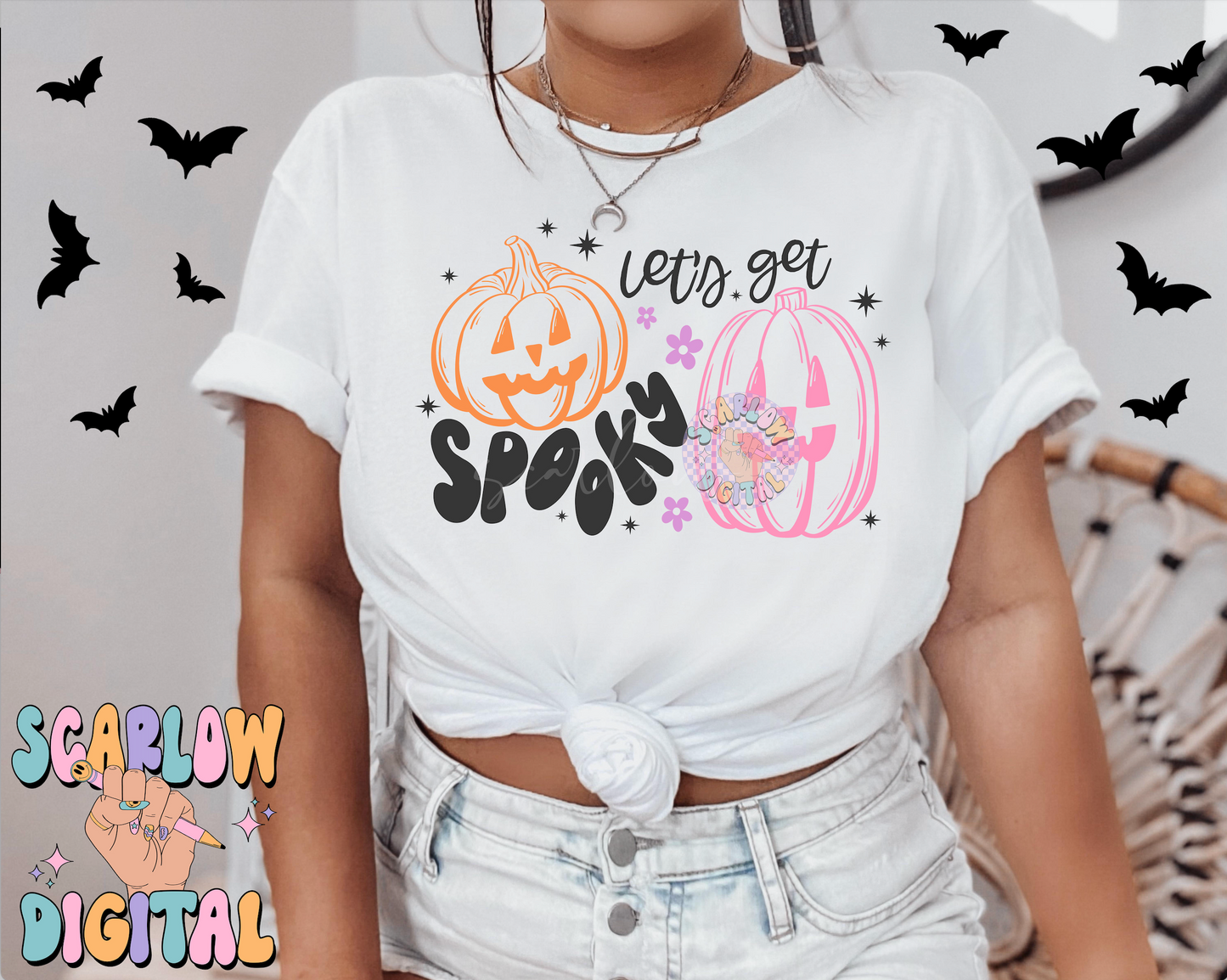 Let's Get Spooky PNG Digital Design Download, Halloween png designs, jack-o'-lantern png, bats png, retro halloween png, trendy fall designs