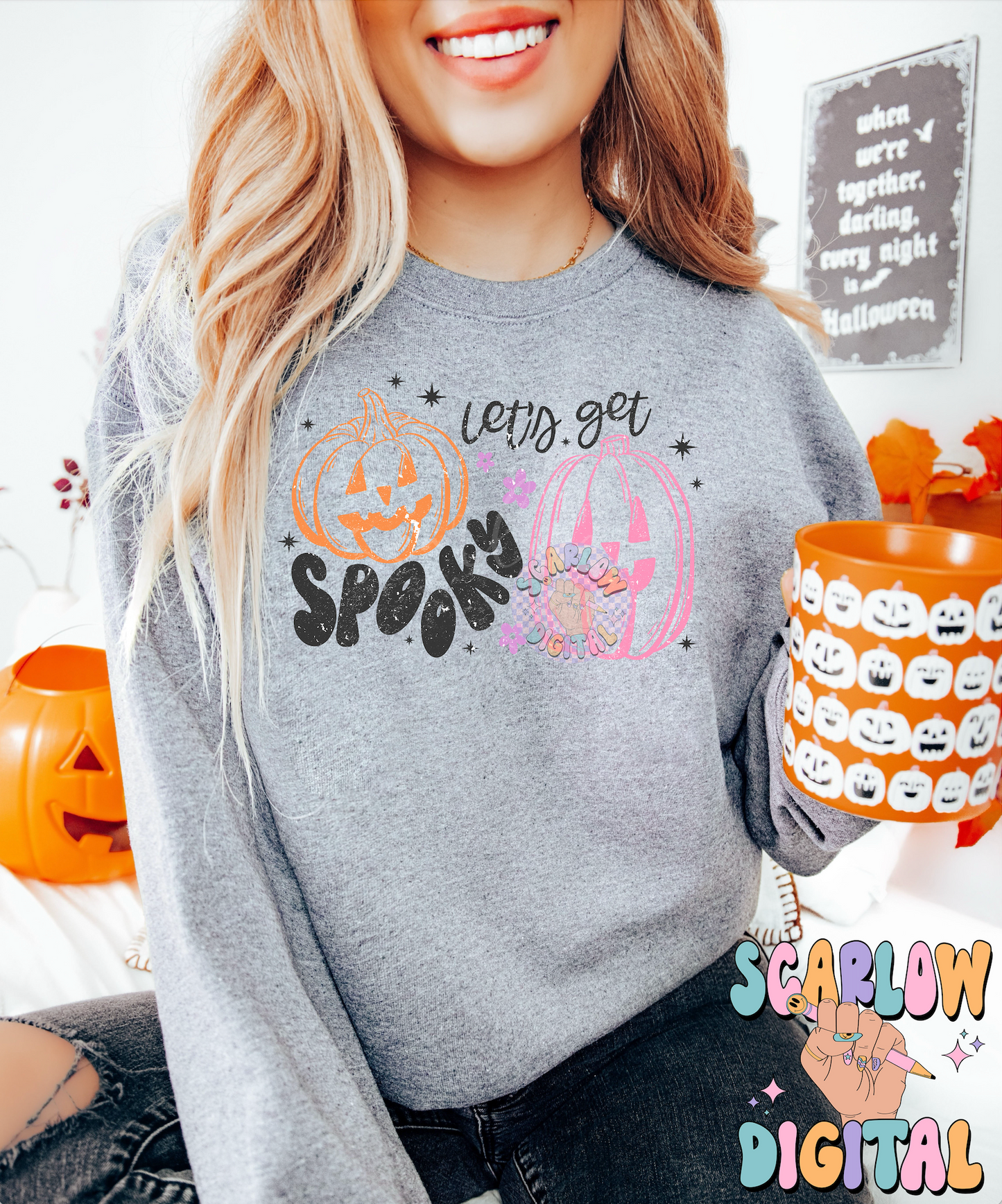 Let's Get Spooky PNG Digital Design Download, Halloween png designs, jack-o'-lantern png, bats png, retro halloween png, trendy fall designs