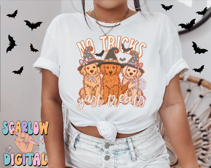 No Tricks Just Treats PNG Digital Design Download, Halloween png, golden retriever png, witches png, kids halloween png, spooky season png