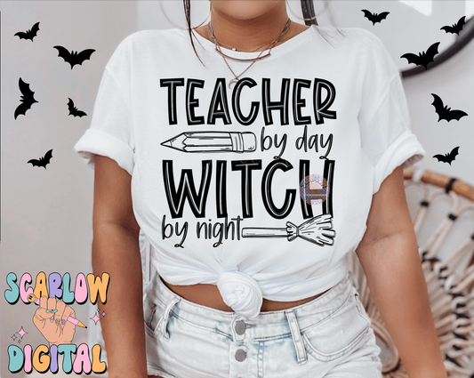 Teacher By Day Witch By Night PNG Digital Design Download, Halloween png, pencil png, witch broom png, spooky teacher png, single color png