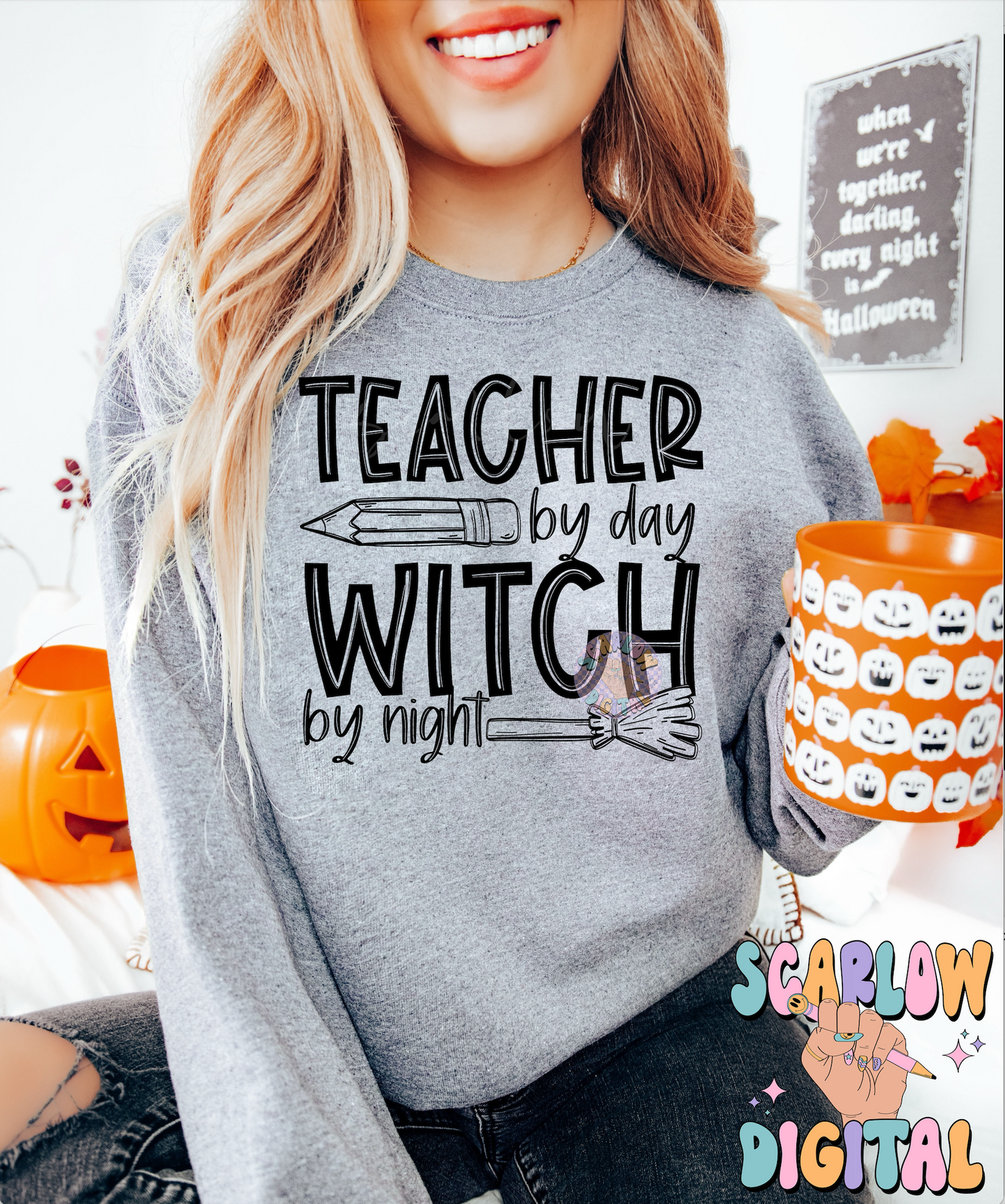 Teacher By Day Witch By Night PNG Digital Design Download, Halloween png, pencil png, witch broom png, spooky teacher png, single color png