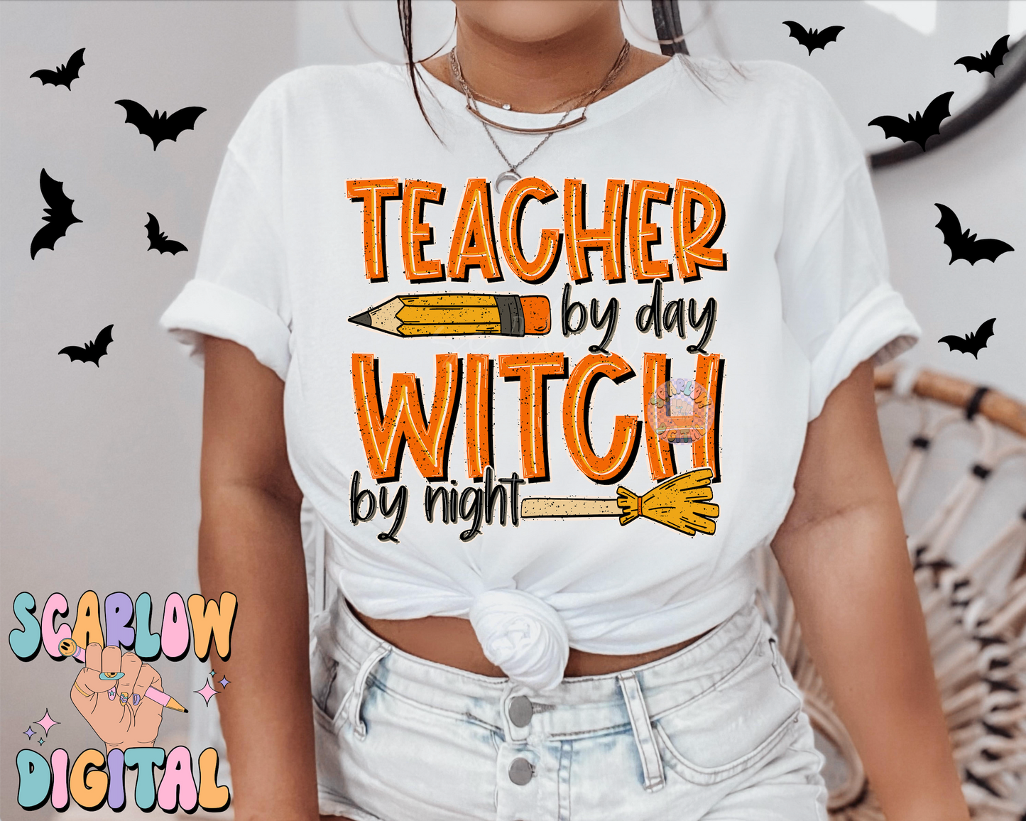 Teacher By Day Witch By Night PNG Digital Design Download, Halloween png, pencil png, witches broom png, spooky teacher png, trendy png