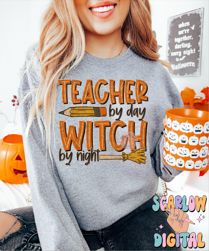 Teacher By Day Witch By Night PNG Digital Design Download, Halloween png, pencil png, witches broom png, spooky teacher png, trendy png