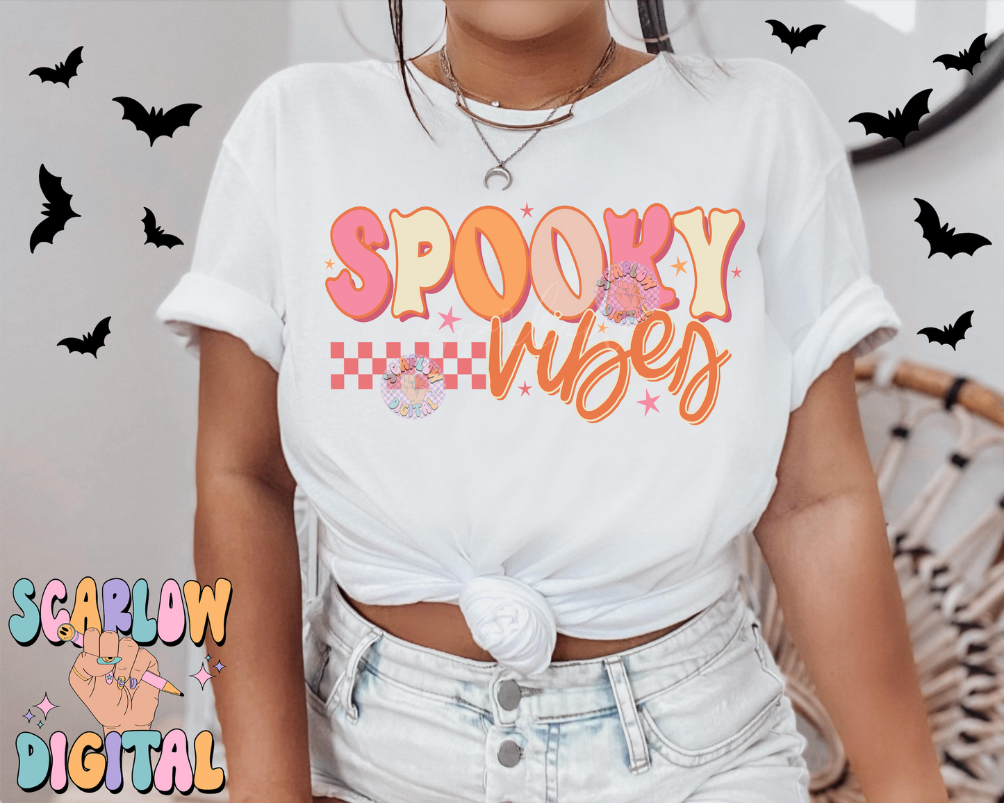 Spooky Vibes PNG Digital Design Download, halloween png, spooky season png, neon halloween png, retro halloween png, checkers png, girl png