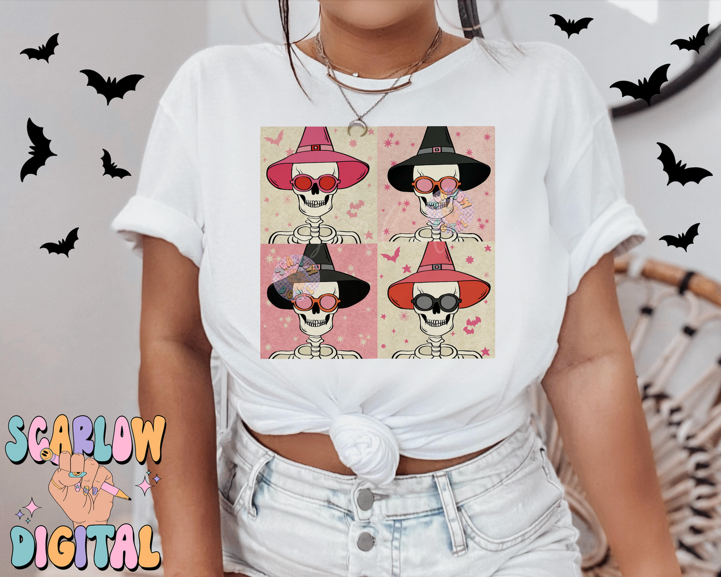 Skeletons in Witch Hats PNG Digital Design Download, Halloween png, skulls png, pink halloween png, bats png, spooky season png, witches png