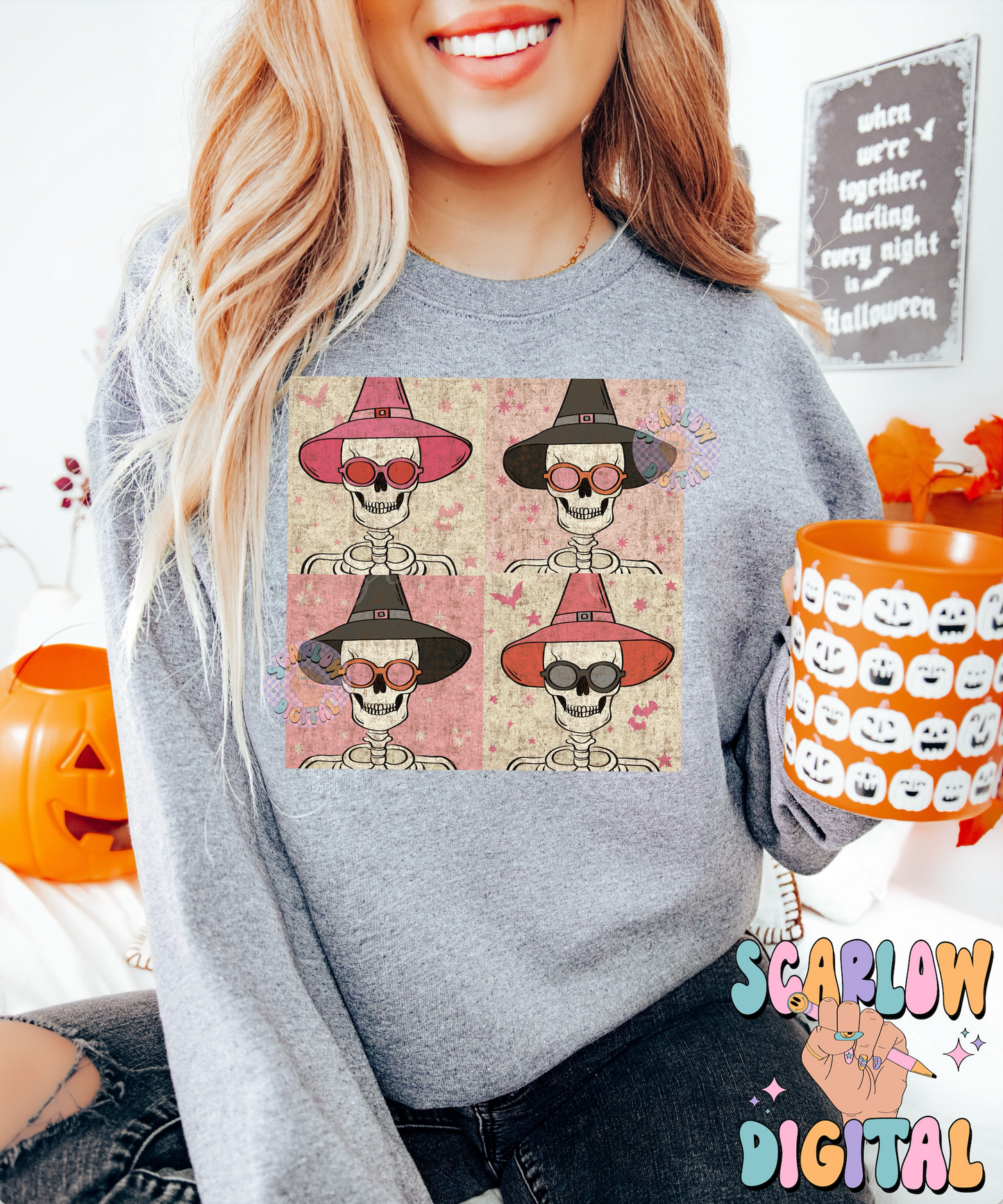 Skeletons in Witch Hats PNG Digital Design Download, Halloween png, skulls png, pink halloween png, bats png, spooky season png, witches png