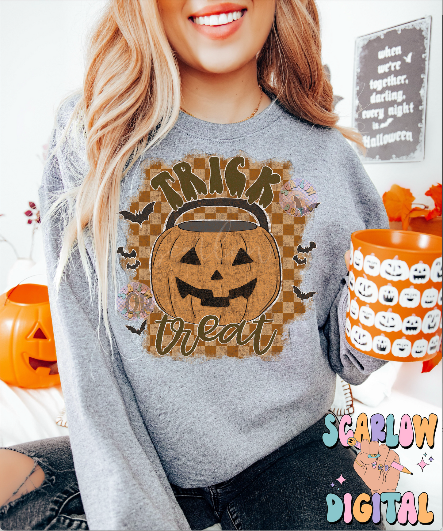 Trick or Treat PNG Digital Design Download, Halloween png, pumpkin bucket png, checkers png, spooky season png, bats png, fall png designs