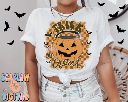 Trick or Treat PNG Digital Design Download, Halloween png, pumpkin bucket png, checkers png, spooky season png, bats png, fall png designs