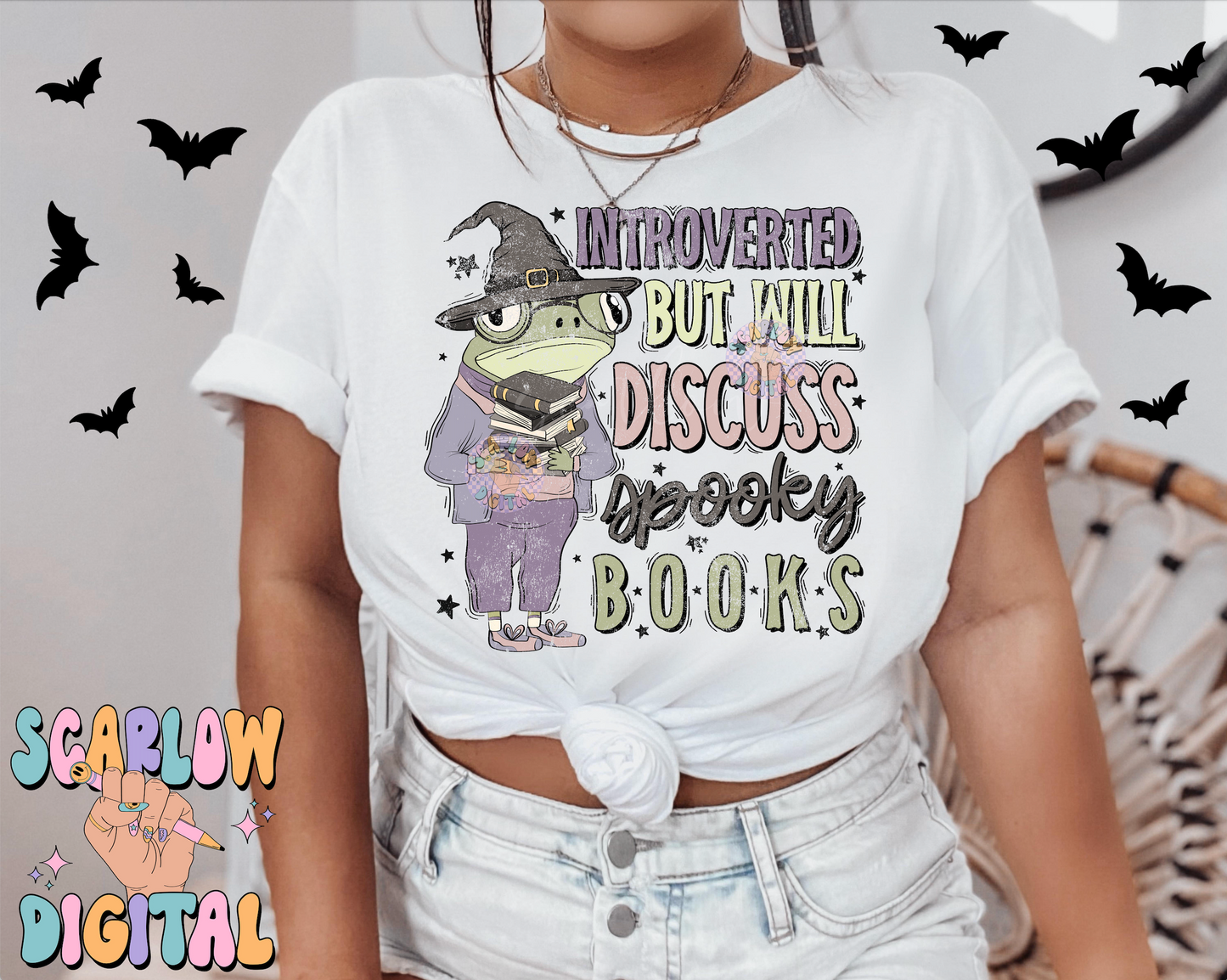 Introverted But Will Discuss Spooky Books PNG Digital Design Download, halloween png, reading png, frog png, witch png, spooky season png