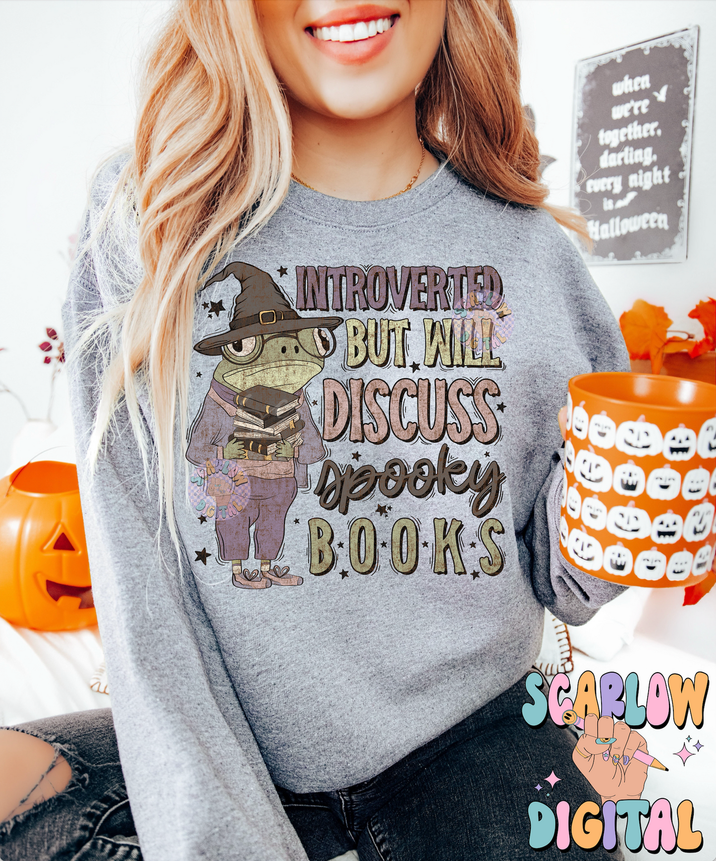 Introverted But Will Discuss Spooky Books PNG Digital Design Download, halloween png, reading png, frog png, witch png, spooky season png