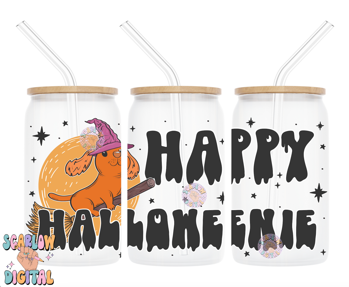 Happy Halloweenie 16 Ounce Can Glass Cup Wrap PNG Digital Design Download, dachshund cup wrap, witch cup wrap png, halloween png cup wrap