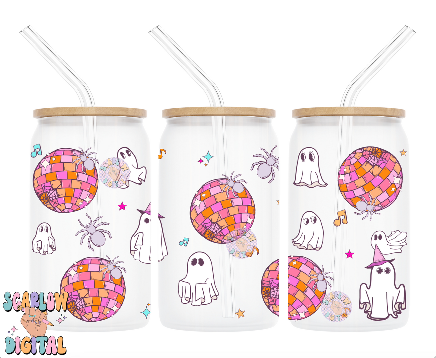 Ghost Disco Party 16 Ounce Can Glass Cup Wrap PNG Digital Design Download, halloween png cup wrap, cute ghost cup wrap, spooky ball cup wrap