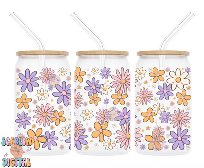 Groovy Flowers 16 Ounce Can Glass Cup Wrap PNG Digital Design Download, floral cup wrap, hippie cup wrap, daisies cup wraps, groovy png