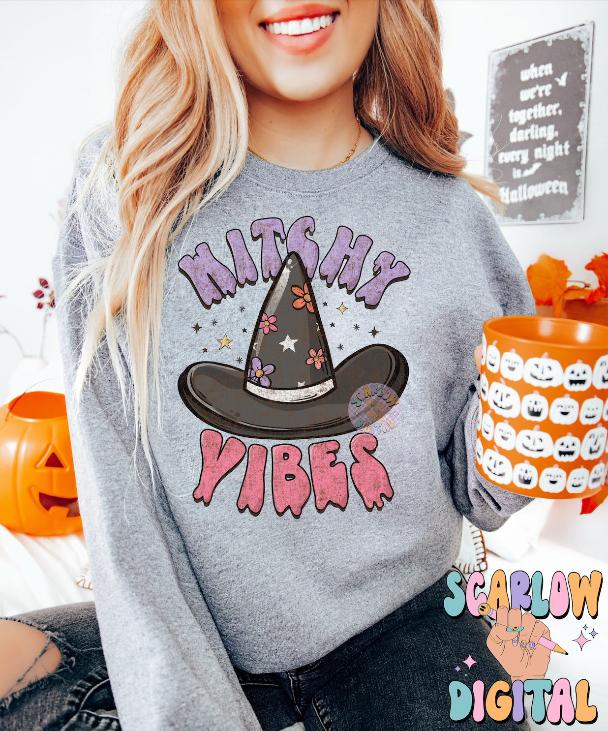 Witchy Vibes PNG Digital Design Download, Halloween png, witch png, witch hat png, preppy halloween png, retro spooky season png, girl png