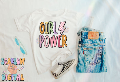 Girl Power PNG Digital Design Download, retro girl png, women empowerment png, lightening bolt png, checkers png, colorful png, rainbow png