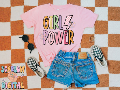 Girl Power PNG Digital Design Download, retro girl png, women empowerment png, lightening bolt png, checkers png, colorful png, rainbow png