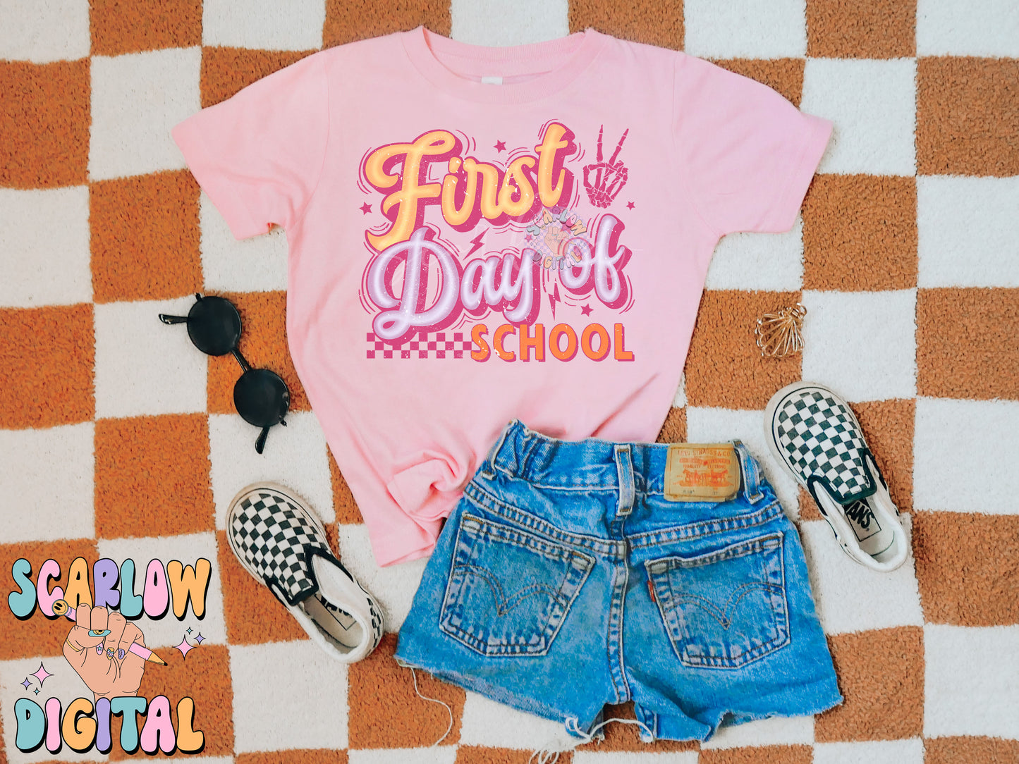 First Day of School PNG Digital Design Download, back to school png, checkered png, girl school png, retro png, trendy png, first day png