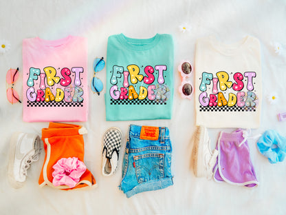 First Grader PNG Digital Design Download, back to school png, school designs, retro back to school png, colorful kids tshirt designs