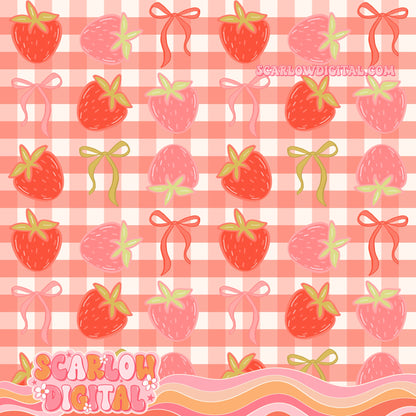 Strawberries and Bows with Plaid Seamless Pattern Digital Design