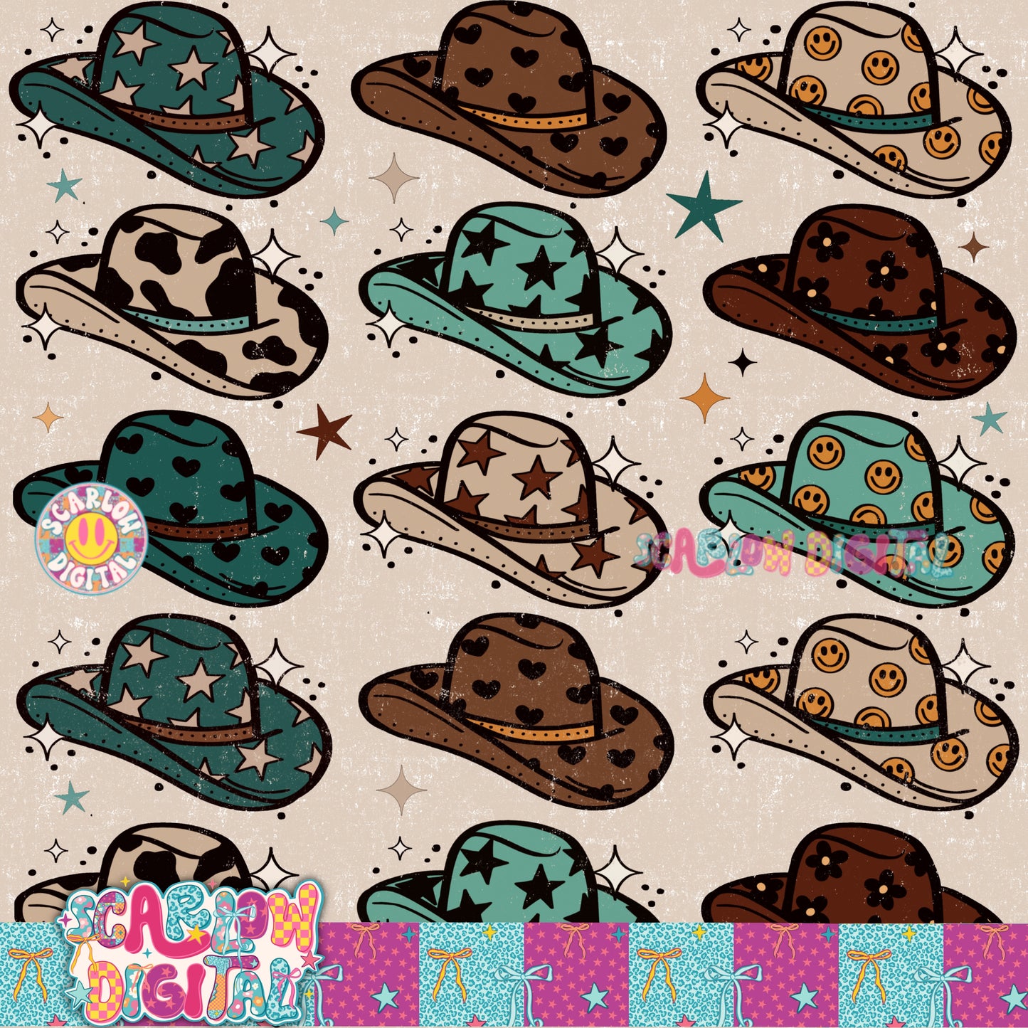 Blue Cowgirl Hats Seamless Pattern Digital Design