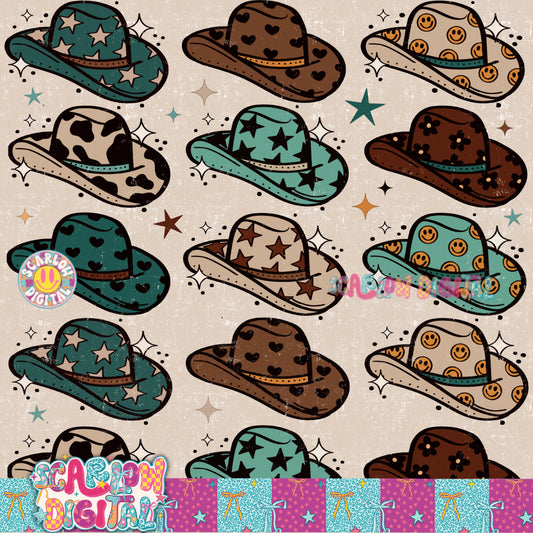Blue Cowgirl Hats Seamless Pattern Digital Design