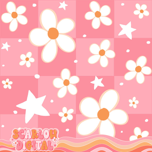 Flowers Stars and Checkers Seamless Pattern Digital Design