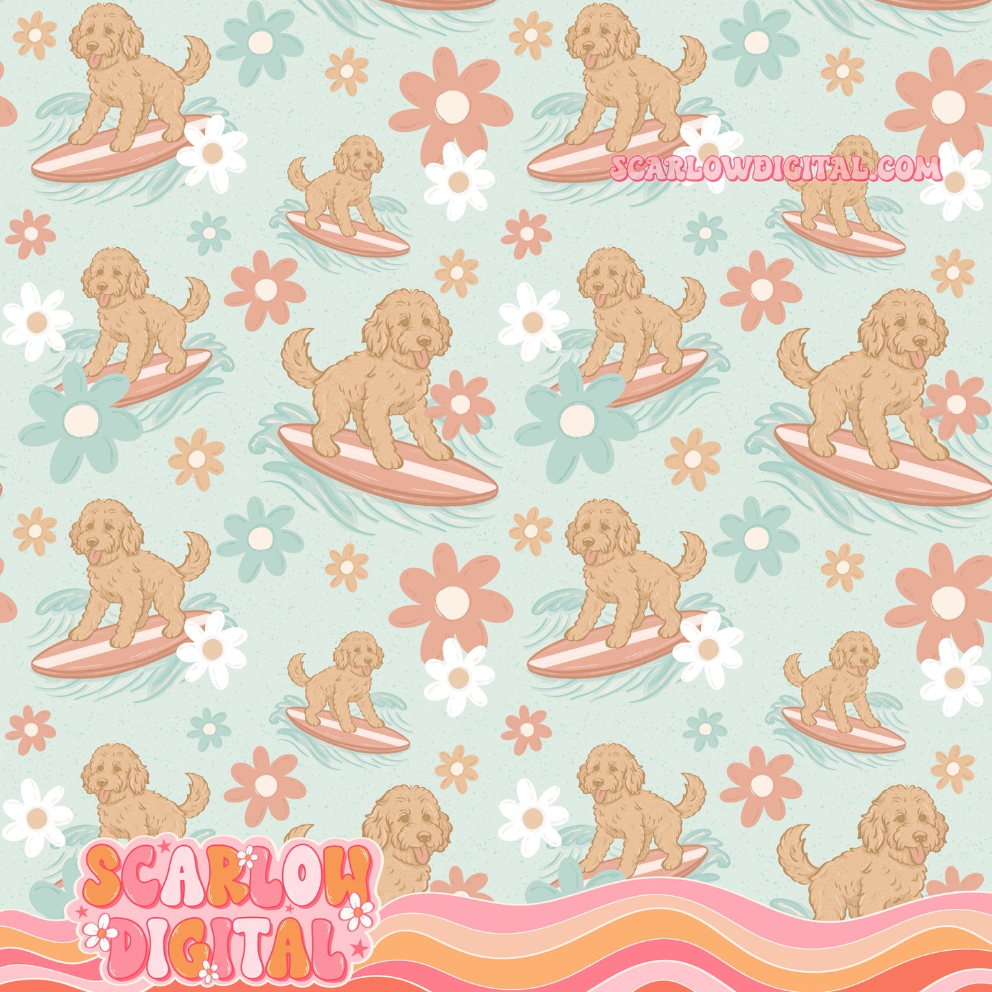Surfing Dogs Seamless Pattern Digital Design