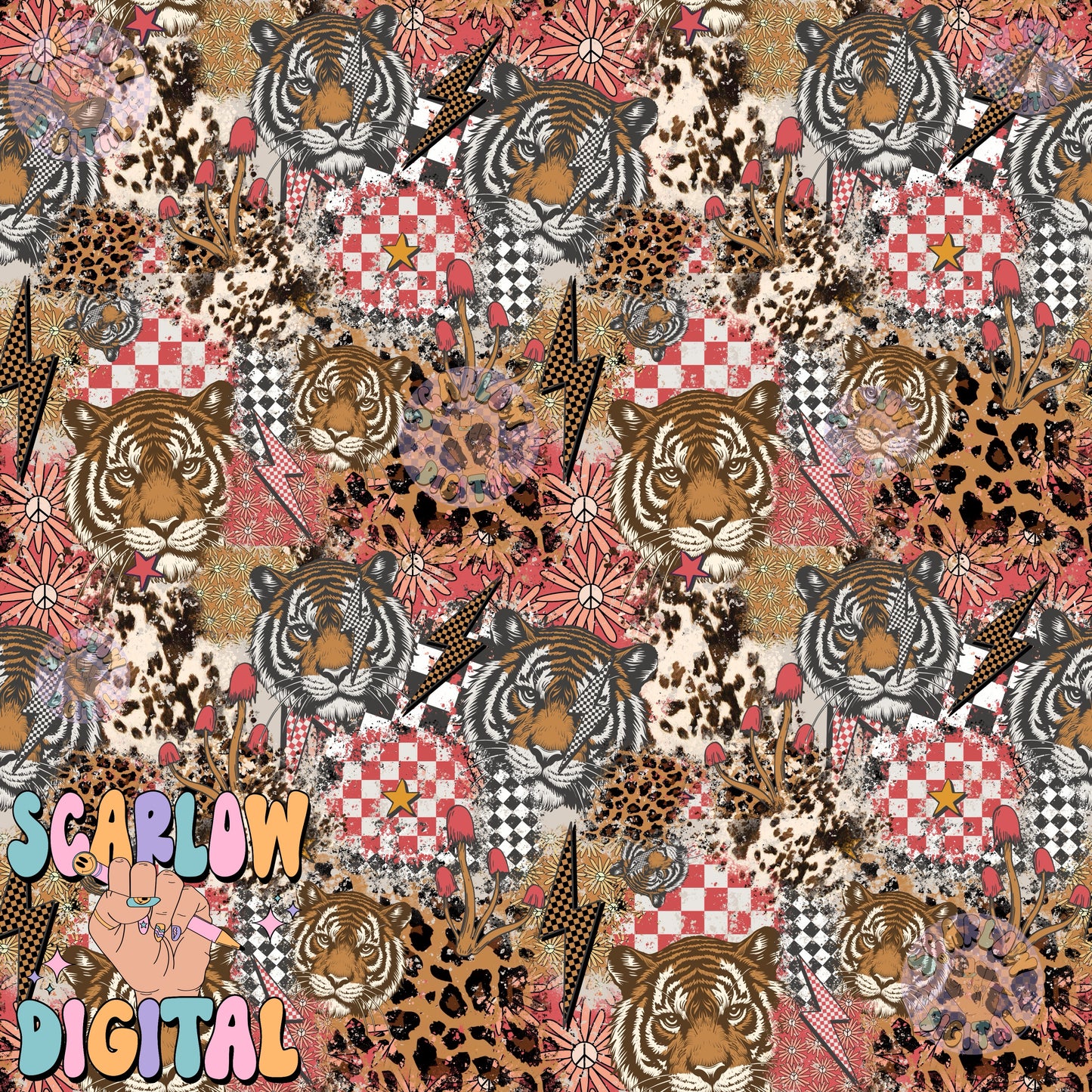 Patchwork Tiger Seamless Pattern Digital Design Download, checkers seamless pattern, grunge digital paper, rocker designs, edgy seamless