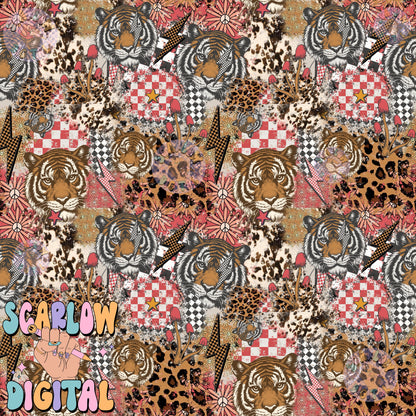 Patchwork Tiger Seamless Pattern Digital Design Download, checkers seamless pattern, grunge digital paper, rocker designs, edgy seamless