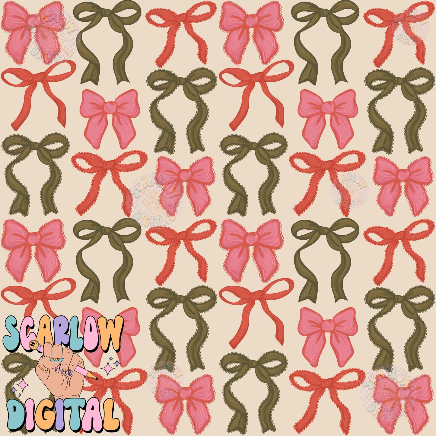 Christmas Bows Seamless Pattern Digital Design Download, bows seamless pattern, coquette seamless pattern, traditional christmas seamless