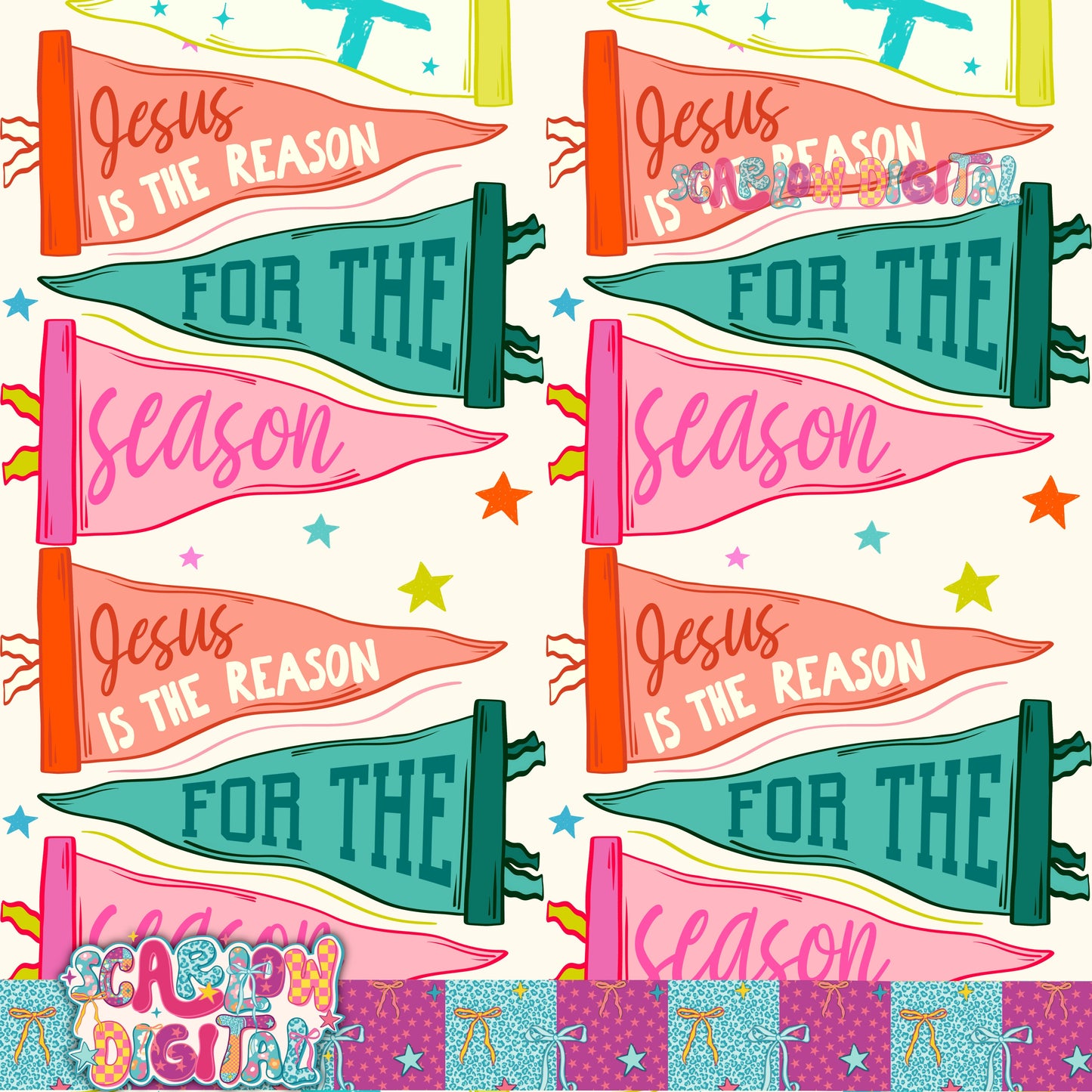 Jesus is the Reason for the Season Christmas Pennants Seamless Pattern Digital Design