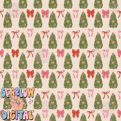 Christmas Tree and Bows Seamless Pattern Digital Design, coquette christmas patterns, christmas digital paper, christmas paper, bow patterns