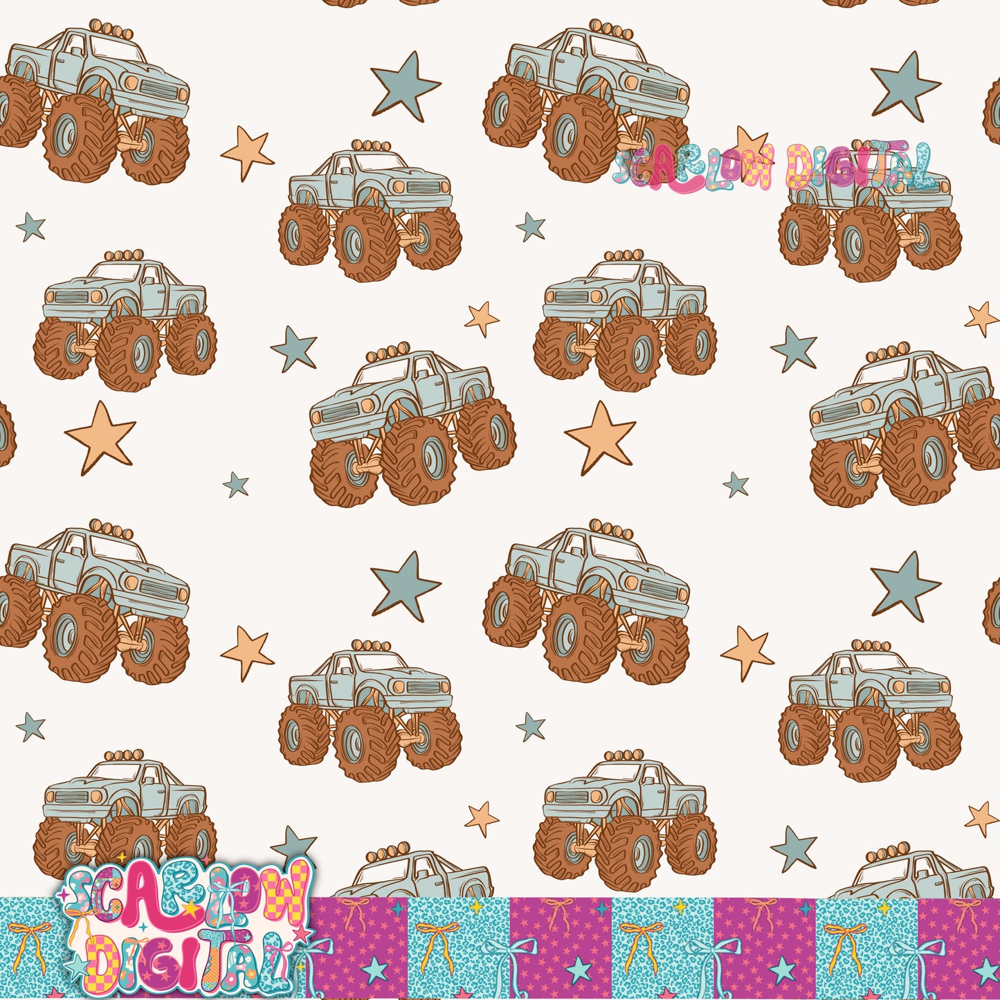Monster Trucks Seamless Pattern Digital Design