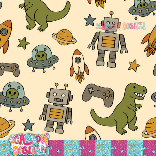 Dinosaurs and Things Seamless Pattern Digital Design