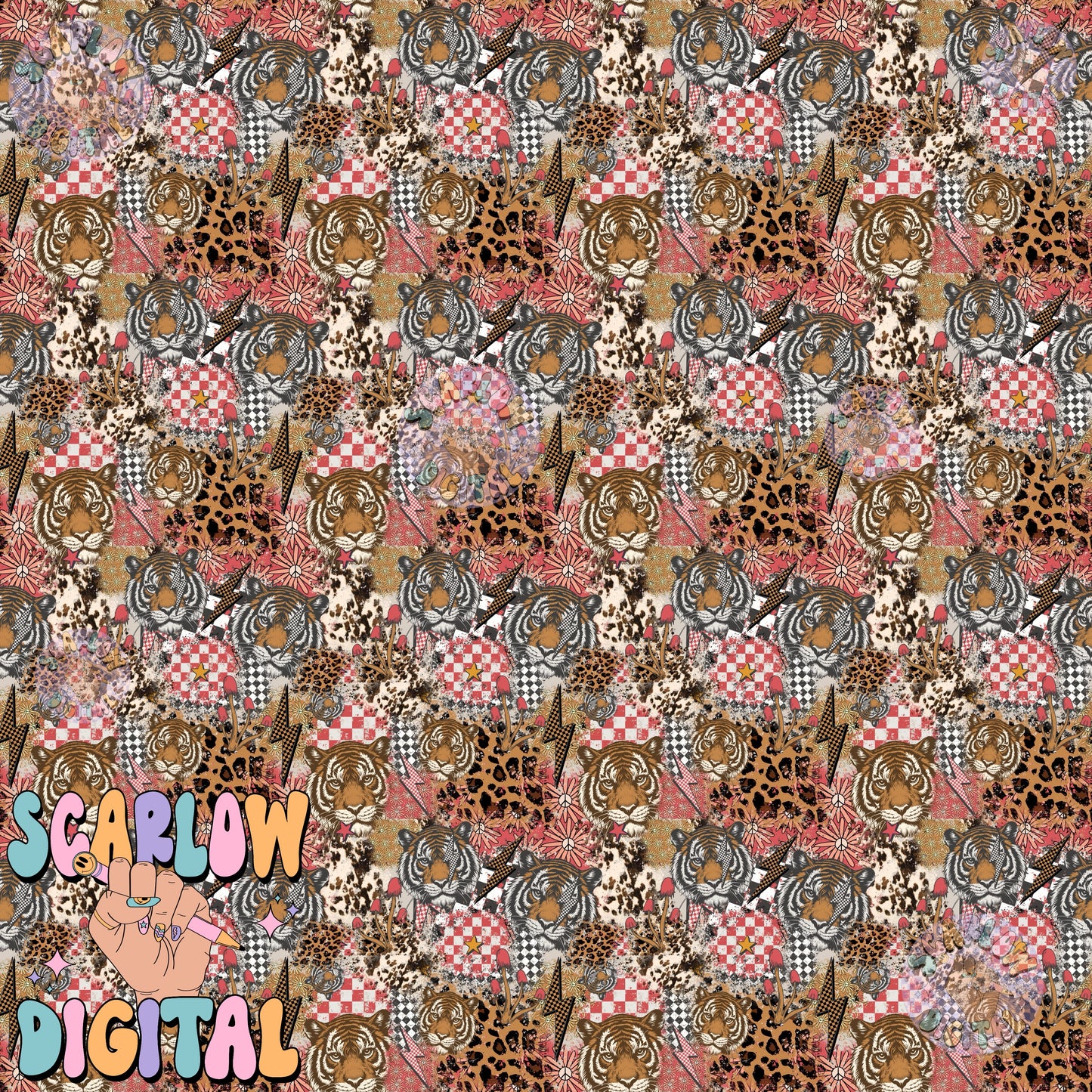 Patchwork Tiger Seamless Pattern Digital Design Download, checkers seamless pattern, grunge digital paper, rocker designs, edgy seamless