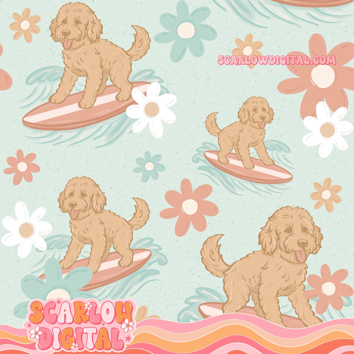 Surfing Dogs Seamless Pattern Digital Design