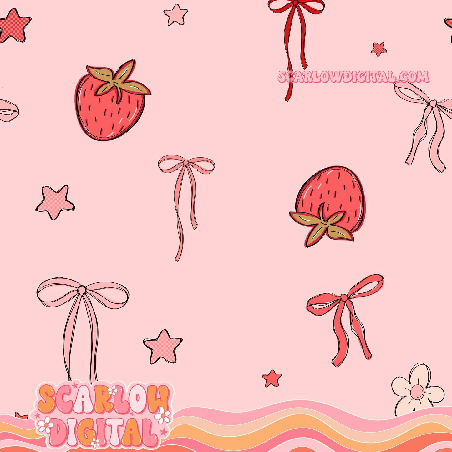 Strawberries and Bows Seamless Pattern Digital Design