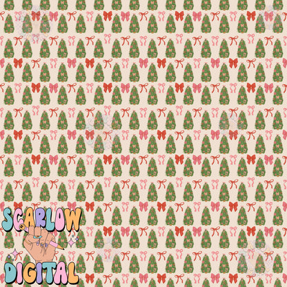 Christmas Tree and Bows Seamless Pattern Digital Design, coquette christmas patterns, christmas digital paper, christmas paper, bow patterns